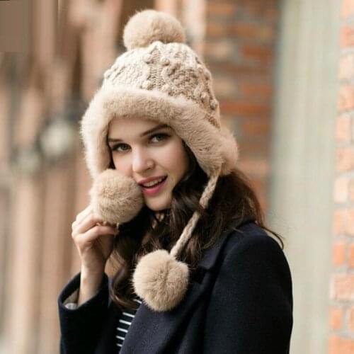 Autumn Winter Bomber Hat Women Warm Thickened Rabbit Fur Cap Female Pompom Hairball Windproof Ear Protection Cycling Caps H7118