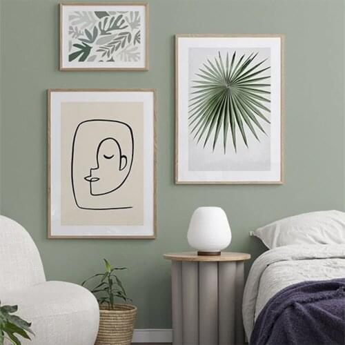 Scandinavian Style Line Face Poster Green Theme Abstract Decorative Picture Modern Wall Art Canvas Paintings for Living Room