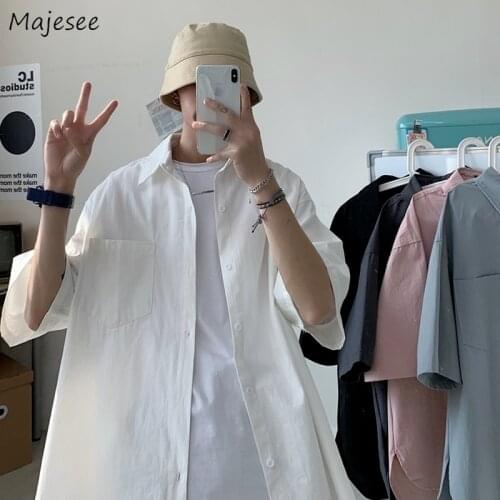 Solid Casual Short Sleeve Shirts Men Couples Simple Fashion Loose Korean Chic Social Streetwear Handsome Baggy Male Office Tops