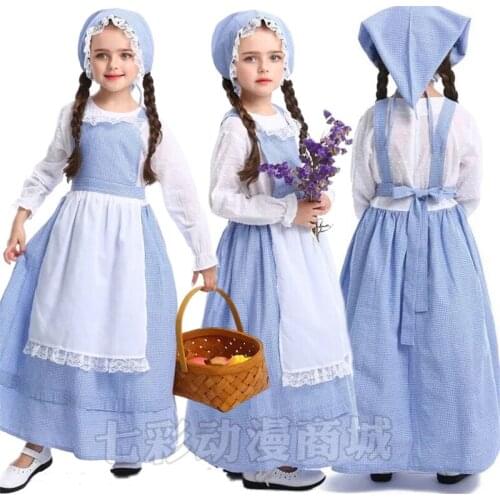 Blue Rural Farm Girl Cosplay Halloween Costumes Colonial Pioneer Prairie Mardi Gras Cosplay Role-play Party Childrens Day Gift