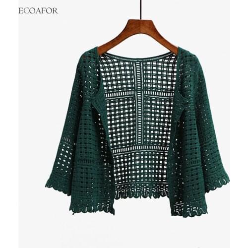 3 Colors Womens Three Quarter Sleeve Crochet Shrug Female Lace Hollow Out Sweater Cape Ladies Cutout Geometric Cardigan Shrug