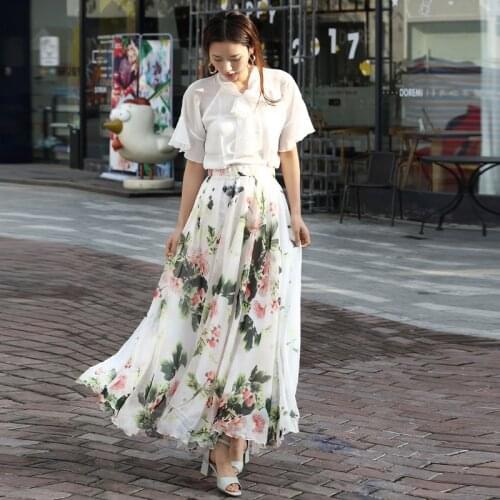 New arrival Womens Floral Summer Beach Chiffon Full Circle Bridesmaid Maxi Skirt Beach Wedding Guest Skirt Incl Plus Sizes