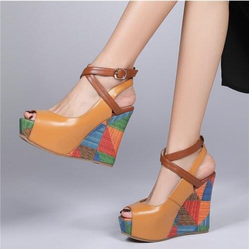 Women Ankle Cross Strap Genuine Leather Wedges High Heel Gladiator Sandals Female Summer Platform Pumps Open Toe Mary Jane Shoes