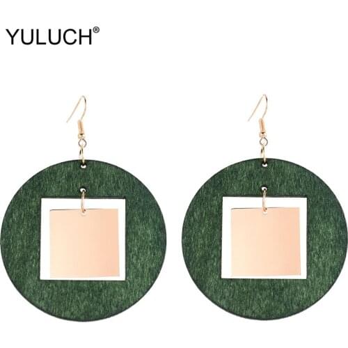 YULUCH Ethnic African Women Green Red Hollow Wooden Hanging Square Golden Zinc Alloy Pendant Earrings For Women Indian Jewelry