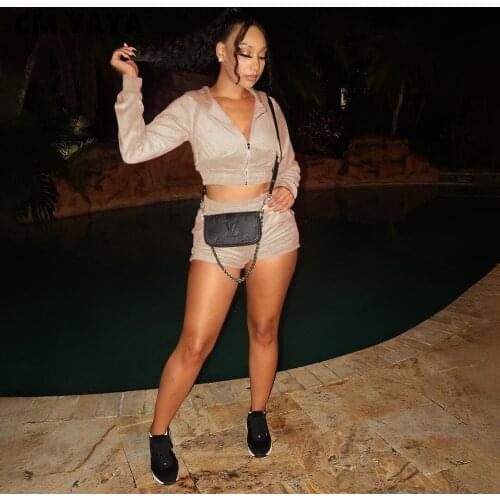 CM.YAYA Women Tracksuit Solid Velvet Full Sleeve Zipper Hooded Collar Crop Tops Pockets Shorts Two Piece Sets Casual Outfit Fall