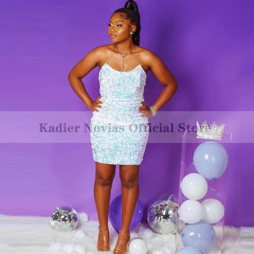 KADIER NOVIAS Women Mini Sexy White Sequins Prom Dresses 2021 Strapless Sweet 16 Birthday Dress Evening Gown Vestido De Fiesta