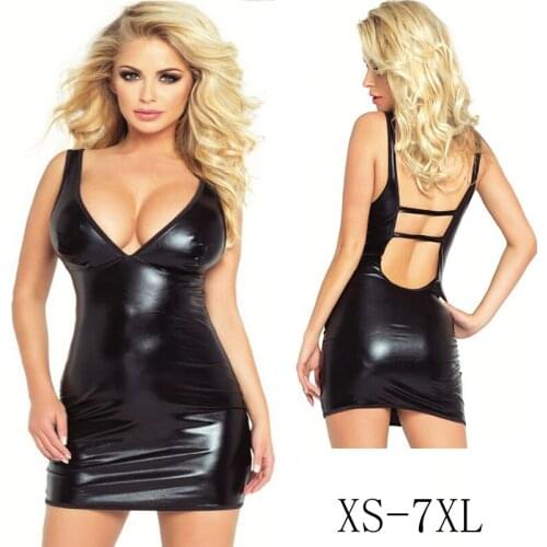 Summer Sexy Backless Low Neck Dress Women Sleeveless Tank Top Faux Leather PU Mini Club Dresses Casual Elegant Sheath Slim dress