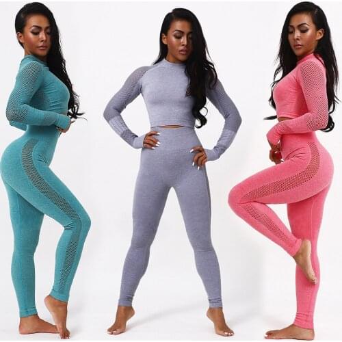 Vital Women Sport Suit Yoga Set Gym Workout Clothes Long Sleeve Fitness Crop Top Pants Sets 2-Piece Tights Sports Wear