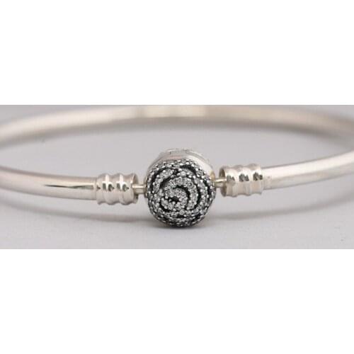 Authentic S925 Sterling Silver Beauty & The Beast With Crystal Rose Clasp Bangle Bracelet fit Lady Bead Charm DIY Jewelery