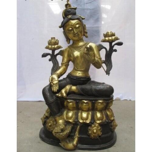 Bi001383 30"Tibet Buddhist Fane Bronze Gild Lotus Green Tara Kwan-Yin Buddha statue