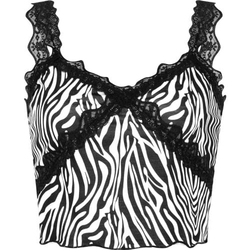 Women’s Fashion Zebra Pattern Camisole,Female Vest Sexy Lace Trim V-neck Exposed Navel Suspender Tops Summer New