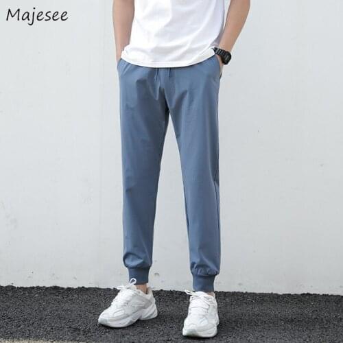 Casual Pants Men Oversize Mid Waist Solid Drawstring Trousers Bundle Feet Breathable Ankle-length Pant Chic All-match Slim Male