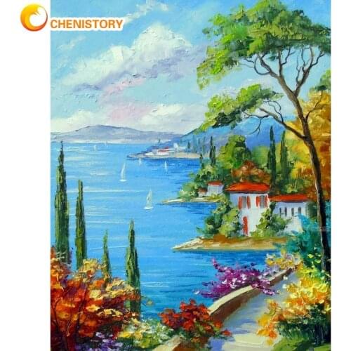 CHENISTORY Green Tree River House Landscape Oil Paint By Numbers Kits Hand Painted 40x50cm Frame Acrylic Paint Drawing Art Photo