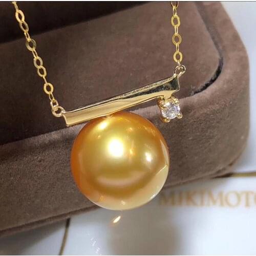 D329 Pearl Necklace Fine Jewelry Solid 18K Gold Natural 9mm South Sea Round Golden Pearls Pendants Neckalces for Women