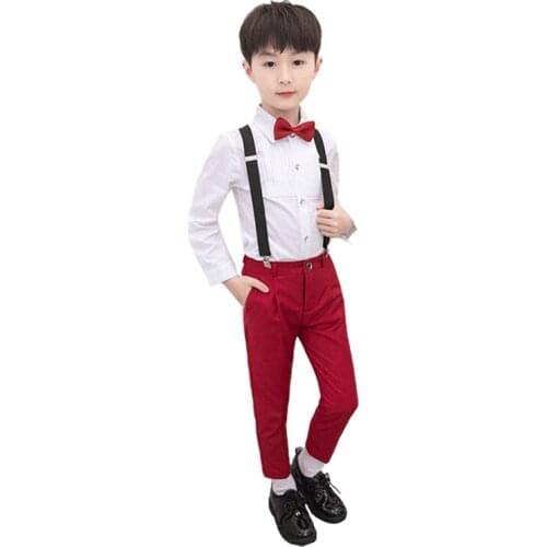 Kids Suit For Flower Boys Formal Prince School student Wedding Dress Gentleman Girls Strap Shirt Pants Bowtie ceremony Costume
