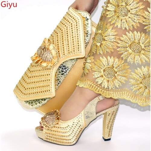 Doershow fashion African Women Matching Italian Shoe and Bag Set gold Italian Shoe with Matching Bag for Wedding!! SKU1-6