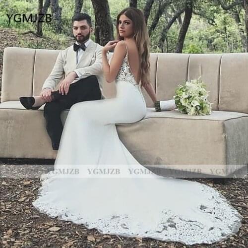 Elegant Mermaid Wedding Dress 2020 V Neck Appliques Lace Backless Bridal Gown Bride Dress Robe De Mariee