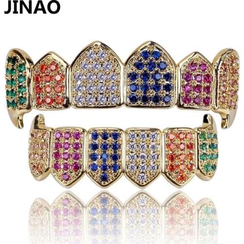 JINAO Hip Hop Teeth Grillz GOLD Color&Silver Plated Micro Pave Rainbow CZ Gold Fang Top&Bottom Colorful Teeth Grills Vampire Set