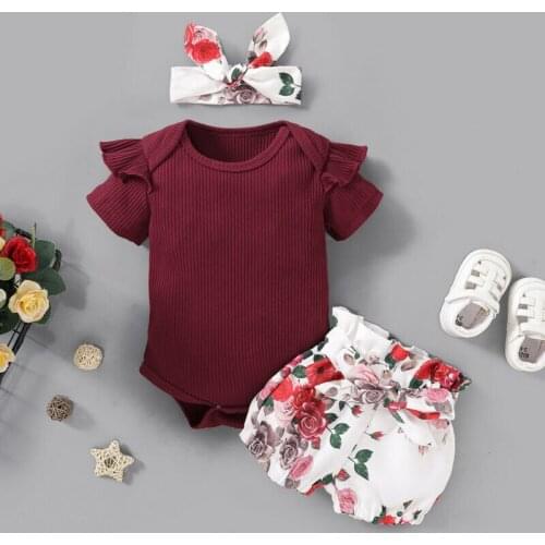 Newborn Baby Kids Girl Romper Outfits Toddler Knit Top Bow Floral Shorts Clothes Set Headwear Casual Girls Set
