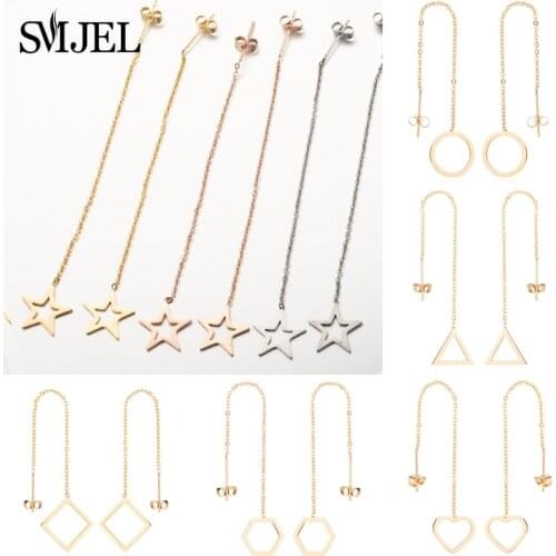 SMJEL Korean Geometric Drop Earrings Women Stianless Steel Long Threader Earrings Girls Tassel Chain Dangle Earring Jewelry