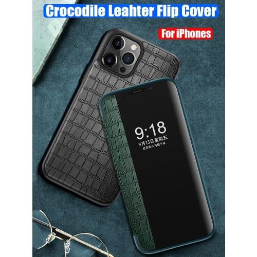 Crocodile Smart View Leather Flip Cover Case For iPhone 12 Pro Max Mini 11 Pro XS XR 7 8 Plus