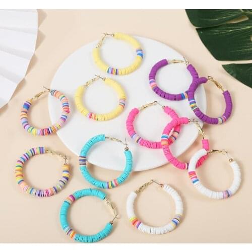 LangHong 1Pair Bohemian C Circular Earrings Geometric Color Handmade Soft Pottery Earrings Female Earring