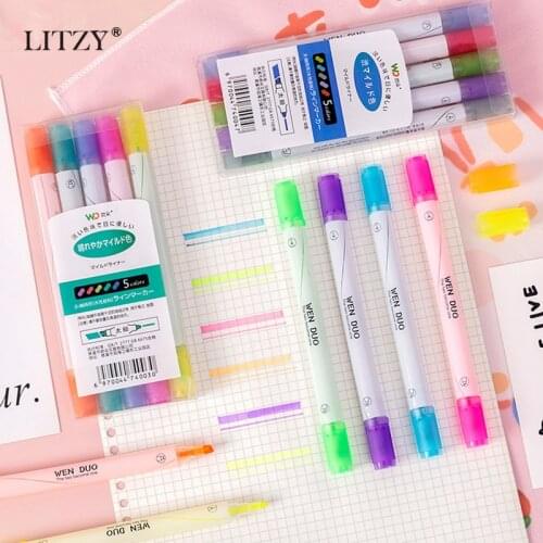 5Pcs/Set Double Head Highlighter Pen 5 Color Drawing Graffiti Marker Art Pens for School Office Supplies Japanese Stationery