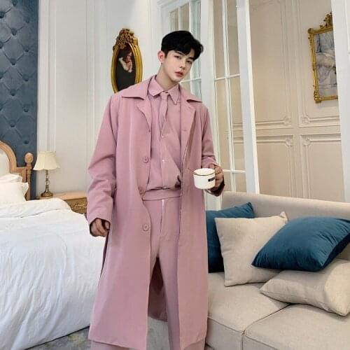 Men Vintage Fashion Loose Casual Long Pink Trench Coat Male Women Windbreaker Overcoat Jacket Streetwear Hip Hop Outerwear