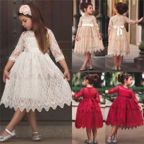 Formal Kids Girls Flower Princess Dress Half Sleeve Lace Embroidery Flowers Wedding Party Dresses Girls Back Bow Ball Gown 2-7Y