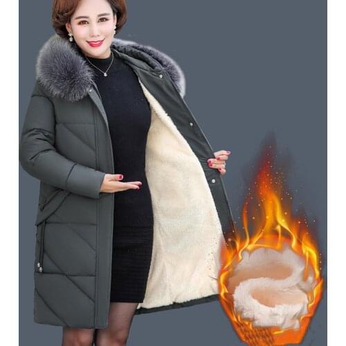 Middle Aged Moms Cotton Padded Coat Winter Plus Velvet Thickened Warm Parkas Fur Coller Long Women Jacket Wadded Ckothing W2249