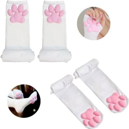Fluffy Sun Protection Cosplay Cat Puppy Sleeves 3D Silicone Claw Paw Pads Soft Fingerless Cute Gloves Long Tube For Women