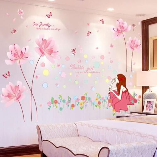 [shijuekongjian] Pink Flowers Wall Stickers DIY Girl Bubbles for Living Room Kids Bedroom Children Nursery House Decoration