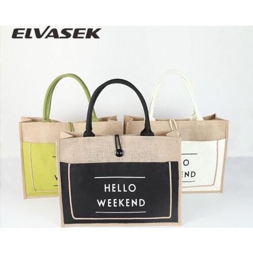 ELVASEK Jute button high quality bag 2020 new fashion linen female shopping bag large capacity waterproof lady shoulder bag