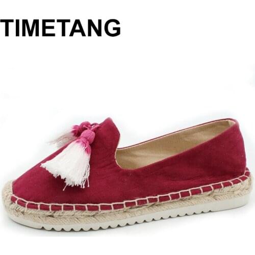 TIMETANGflax straw knitted fringe fisherman shoes women flat shoes spring summer casual loafers woman sewing moccasins mujerE715