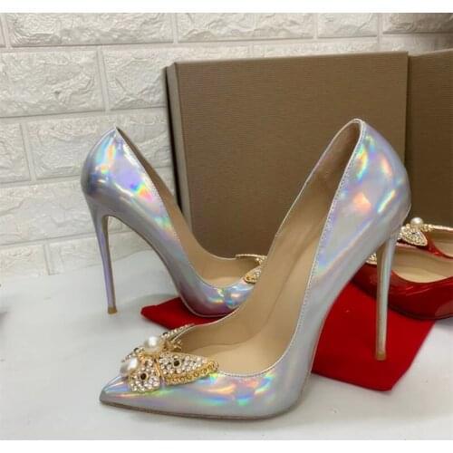 Casual Designer sexy lady fashion women shoes silver patent lpointy toe stiletto stripper High heels Prom Evening pumps large si