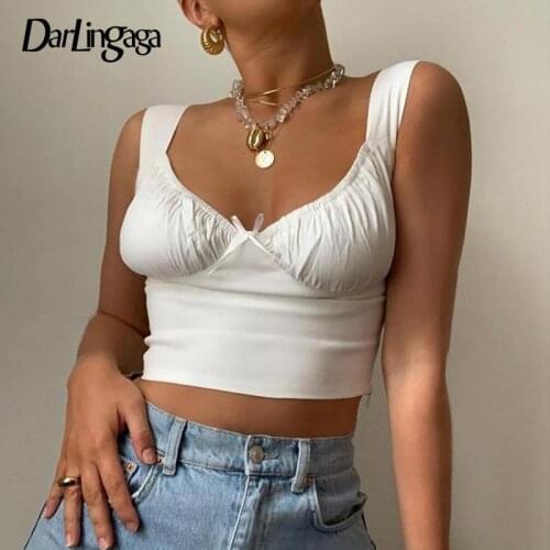 Darlingaga Streetwear V Neck Cotton Bow Tank Top Women Ruched Basic Sexy Crop Top Vest Summer Tops Sleeveless Fashion Clothing