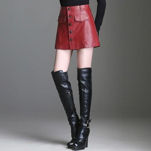 Fall Spring Fashion Women Wine Red Black High Waisted Button Fly Pu Leather Shorts Skirt , Autumn Winter Casual Woman Shorts