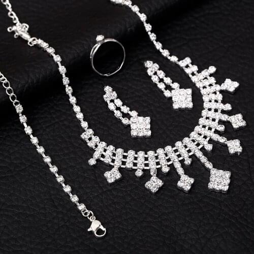 MINHIN Silver Plated Bridal Jewelry Sets Shinning Rhinestone Necklace Earrings Bracelet Ring Set for Women Wedding Jewelry Set
