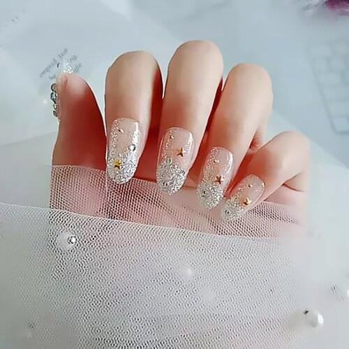 Womens Nail Patch With Long Round Head And Transparent Silver Glitter Nail Art Fake Nails Nails Accesorios