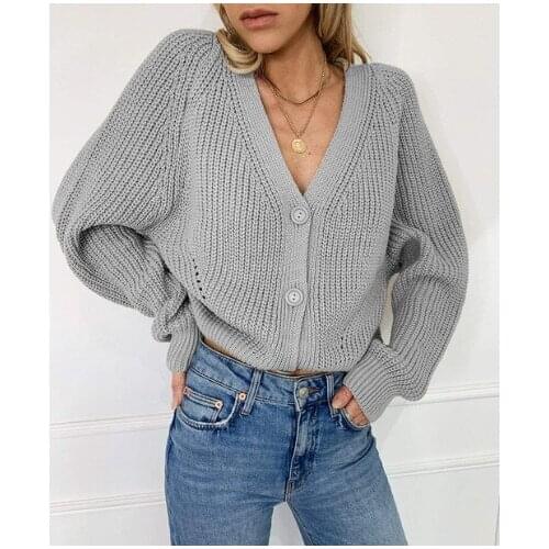 Cardigan Sweaters Tops Women 2020 Autumn New Knit Loose Casual Solid Color V-neck Lantern Sleeves bat Sleeves Button Jacket