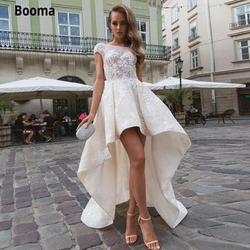 Booma Champagne High/Low Lace Wedding Dresses with Pockets 2020 O-neck Cap Sleeve exy Backless Illusion Bridal Gowns Plus Size