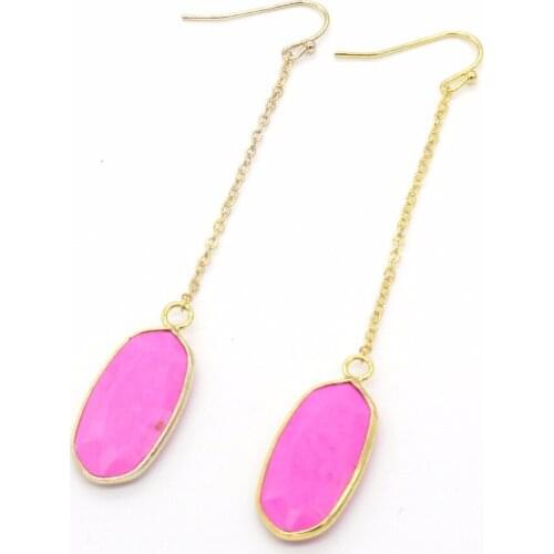 100-Unique 1 Pair Gold Color Rose Red Turquoises Oval Shape Section Drop Earrings With Long Chain Elegant Womens Earring