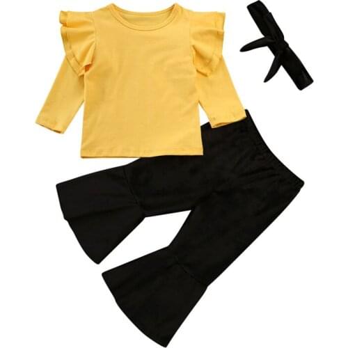 Pudcoco US Stock 0-24M 3PCS Baby Girl Autumn Clothing Yellow Solid Ruffle Tops Long Flare Pants Headband Girl Outfits Clothes