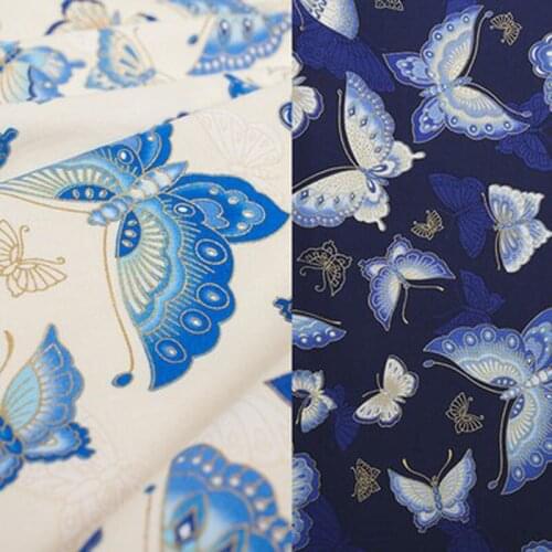 50x140cm Blue & Beige Butterfly Printed Cotton Spandex Fabric Twill Cloth for Patchwork Quilting Flesh Tissue Stretchable