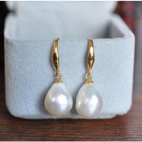 AAA 12-10mm South Sea White Baroque Pearl Earrings 14 YELLOW GOLD