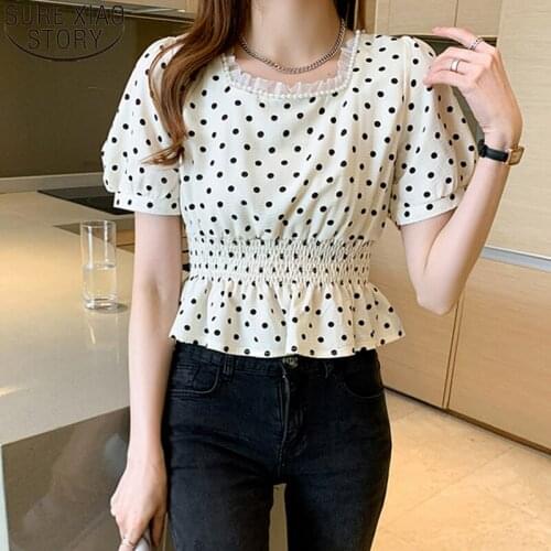 Blusas 2021 Summer New Casual Sweet Pearl Mesh Stitching Chiffon Blouse Polka Dot Shirt Short Sleeve Waist Hugging Tops 15062