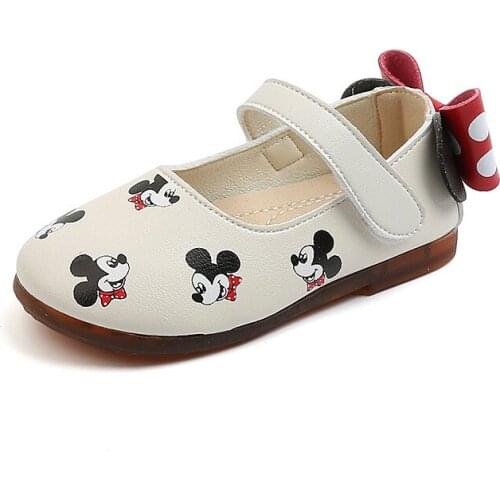 Disney Cute Mickey Princess Kids Leather Shoes With Bow For Girls Children Toddler Flat Heel Single Shoes Butterfly AS Gift