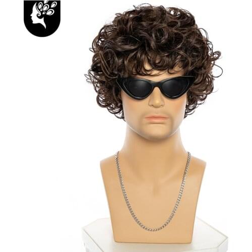 Men Cool Short Curly Synthetic Wigs Dark Brown Wig Male Natural Hair Heat Resistant Breathable for Daily Cosplay Your Beauty
