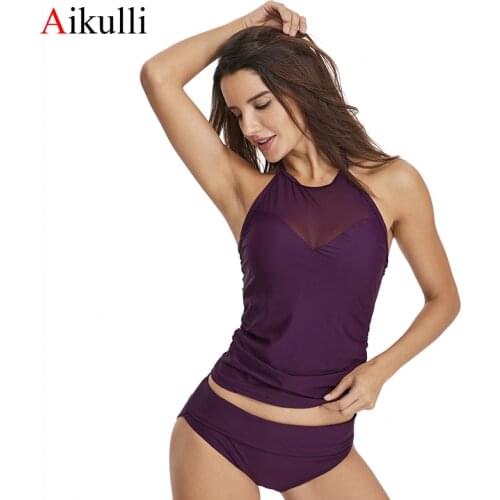 Aikulli Swimwear Women Tankini Mesh Two Piece Biquini Sexy Swimsuit Push Up Bandage Backless Bathing Suit Solid Bikini Swim Suit