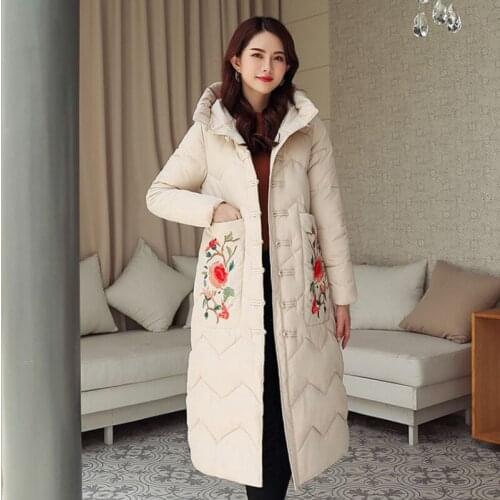 New Style Female Retro Winter Jackets Ethnic style Embroidery Long Clothes Warm Thick Ladies loose Jackets Hooded Women Overcoat